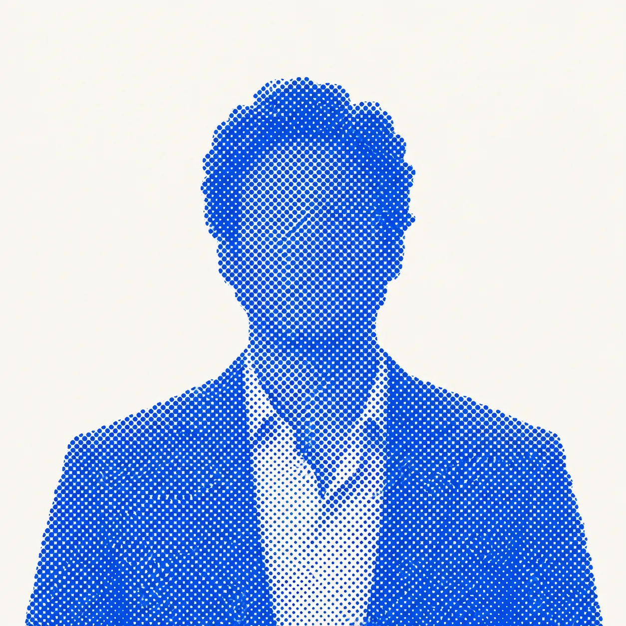 Blue halftone portrait of a founder resting his chin on his hand.